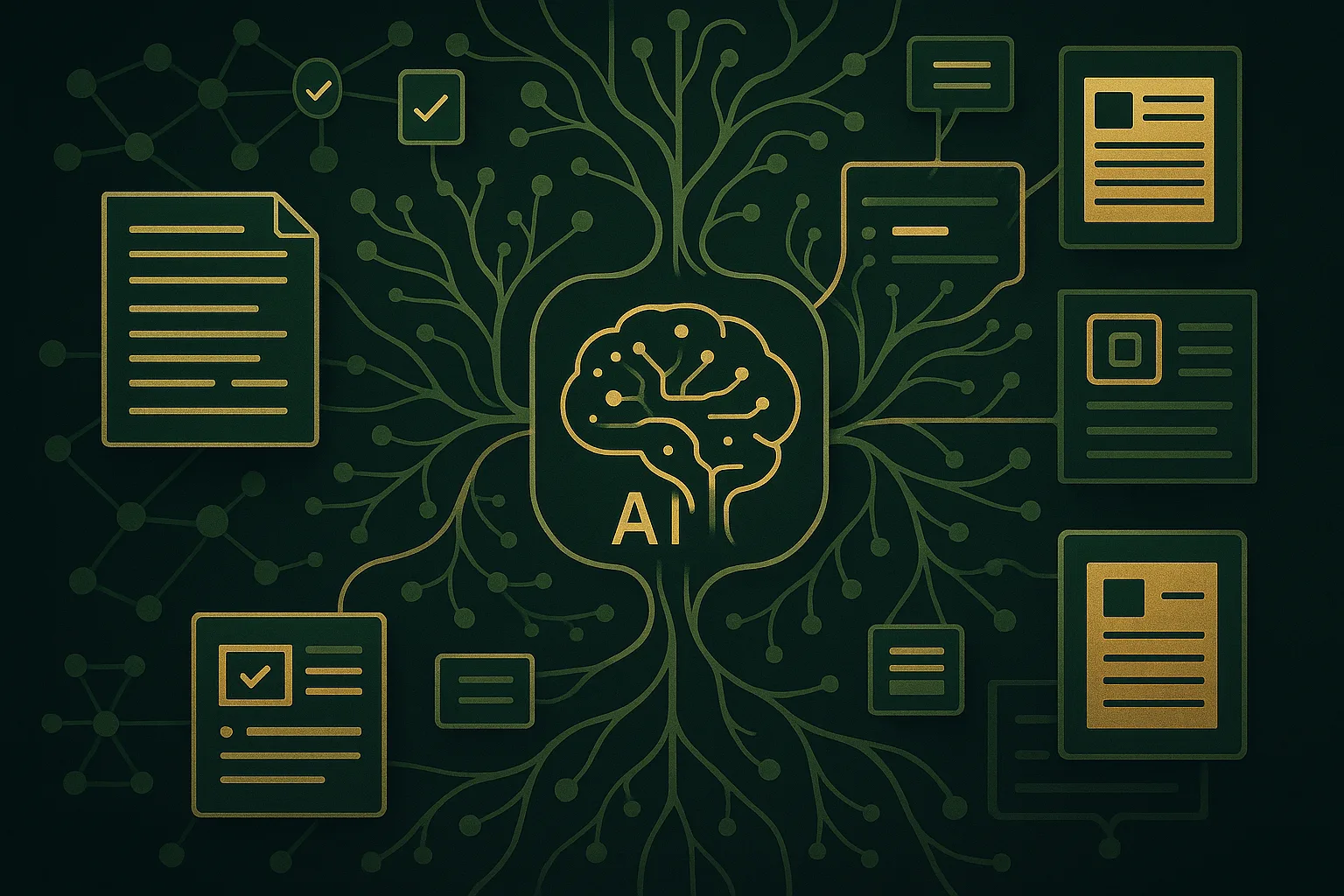 Editorial illustration of a highlighted answer block feeding AI citations across multiple engines