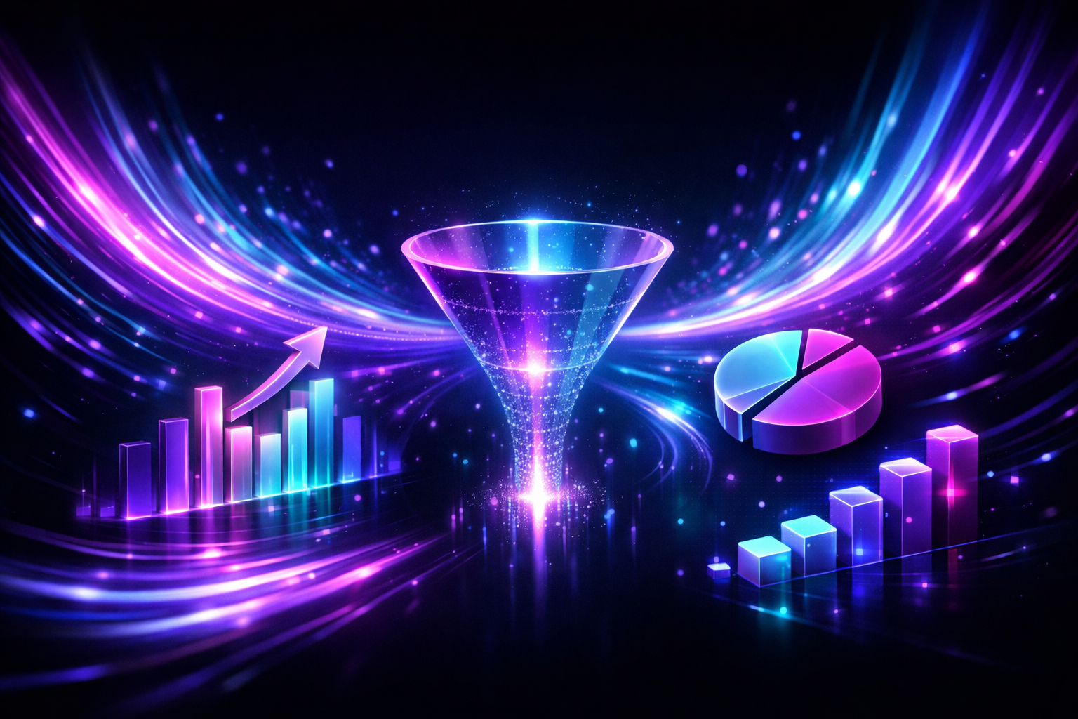 Abstract futuristic digital art showing data streams and conversion metrics with vibrant colors, floating data elements, dark background with purple and teal gradients, holographic neon effects