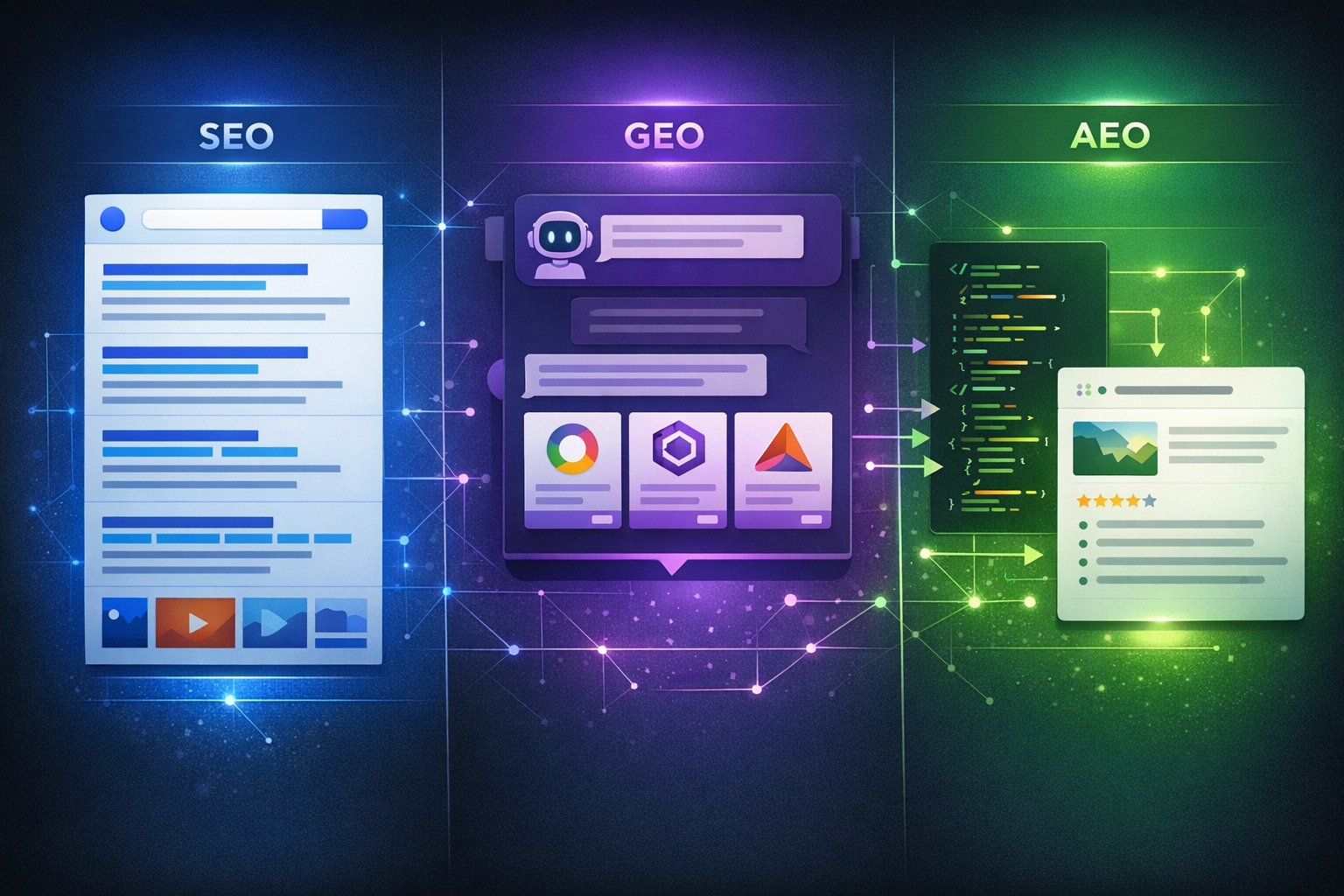 Comparison of AEO, GEO, and SEO frameworks showing which gets AI citations
