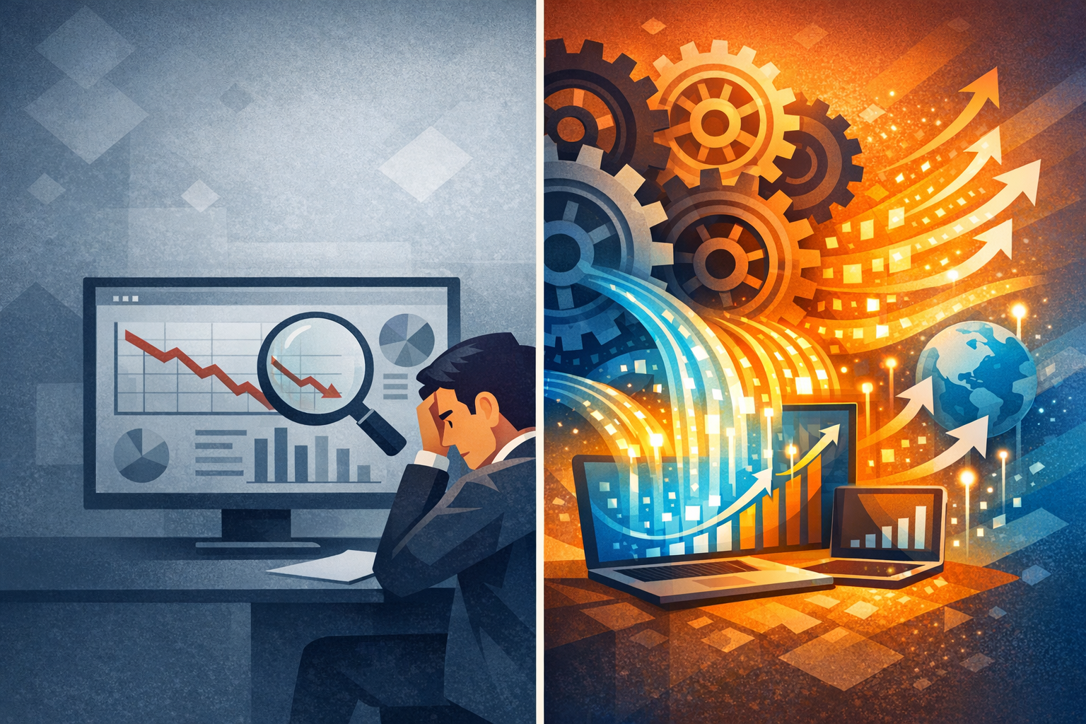 Dashboard showing AI monitoring data with an arrow pointing to actual optimization actions that improve brand visibility in AI search